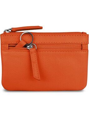 Compact Leather Coin Purse with Key Ring & RFID Protection - Vibrant Orange